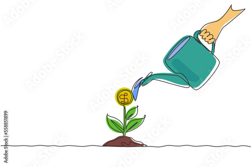 Continuous one line drawing hand holding watering can watering money plant at ground. Hand of businessman who pours money tree. Concept of earnings, success, money. Single line draw design vector