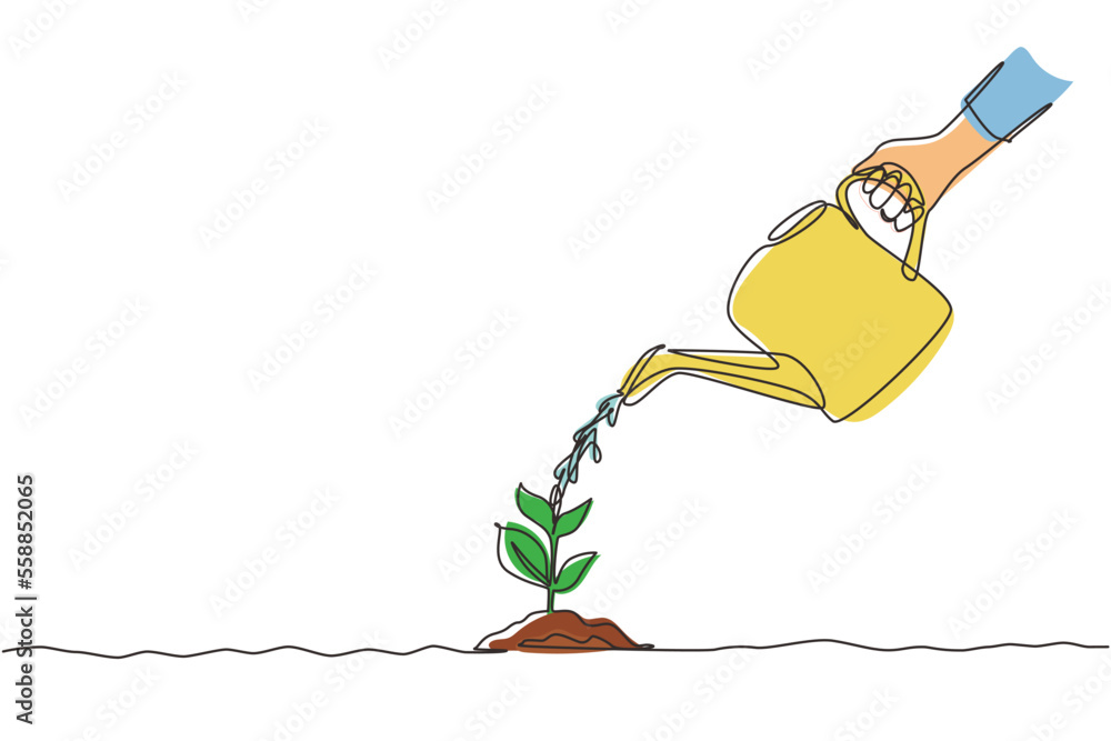 Single continuous line drawing hand holding watering can watering plant at ground. Earth day