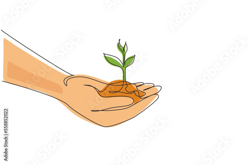 Continuous one line drawing close up image of human hands holding sprout. Hand holding tree on nature field grass forest conservation concept. Single line draw design vector graphic illustration