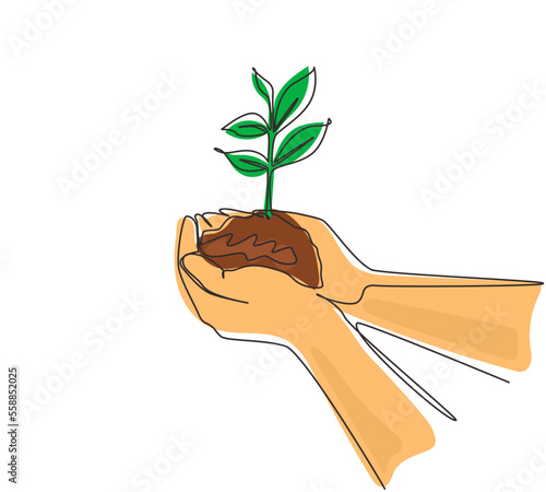 Single continuous line drawing hands of the farmer are planting the seedlings into the soil. Hand holding tree on nature field grass. Agriculture ecology concept. One line draw graphic design vector