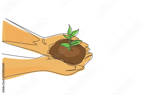 Single continuous line drawing hand holding sprout wilde pine tree in nature green forest. Earth Day save environment concept. Growing seedling forester planting. One line draw graphic design vector