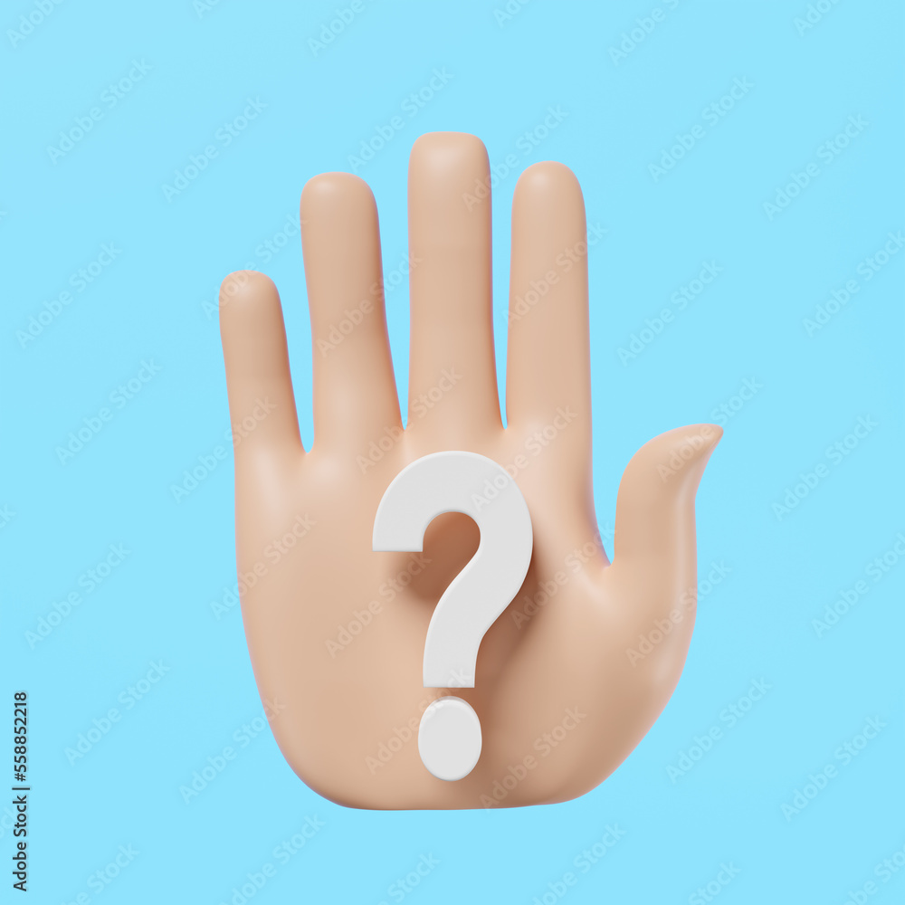 3d hand stop symbol with white question mark isolated on blue background. FAQ, stop questioning concept, 3d render illustration, clipping path 3d hand stop symbol with white question mark isolated on blue background. FAQ, stop questioning concept, 3d render illustration, clipping path