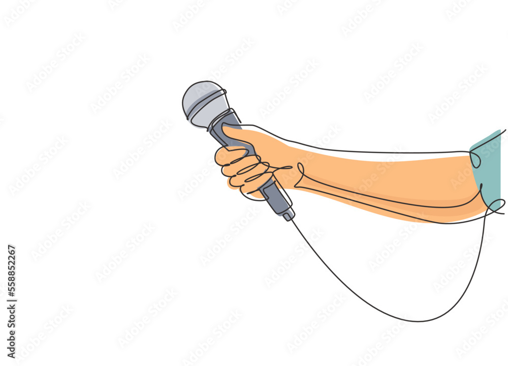 Single continuous line drawing female hand with microphone, on white