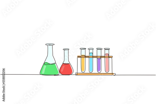 Single one line drawing chemical research laboratory equipment. Chemistry laboratory glassware. Graduated lab test tube, beaker, flask. Modern continuous line draw design graphic vector illustration