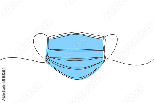 Single continuous line drawing surgical face mask. Medical protective masks. Corona virus protection mask with ear loop, in a front, three ply. Dynamic one line draw graphic design vector illustration