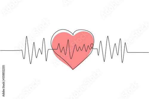Continuous one line drawing heart pulse logo icon. Red and white colors. Heartbeat lone, cardiogram. Beautiful healthcare, medical background. Single line draw design vector graphic illustration