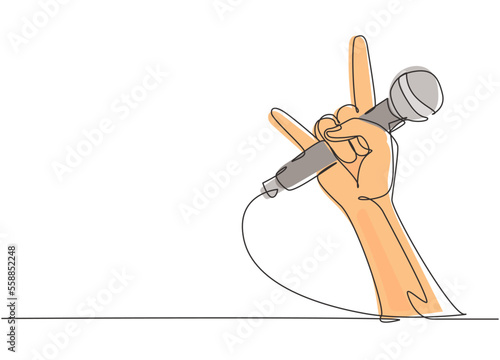 Single continuous line drawing rock hand gesture holding microphone with live rock caption. Rock and roll music live concert or party poster or flyer concept. One line draw graphic design vector