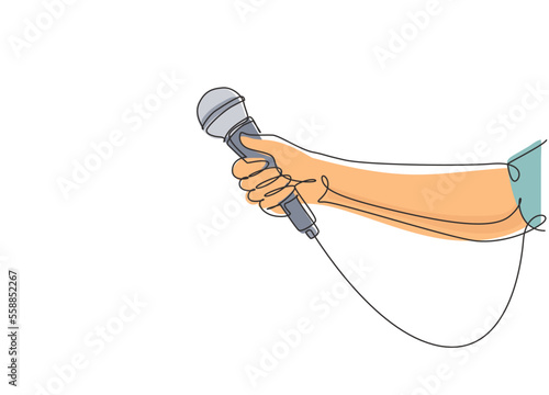 Single continuous line drawing female hand with microphone, on white background. Reporter television tv news holding microphone in her hand. Dynamic one line draw graphic design vector illustration