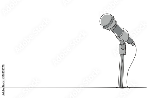 Single one line drawing microphone on stand. Mic on stand in musical television show. Singer karaoke sing song with standing microphone. Modern continuous line draw design graphic vector illustration