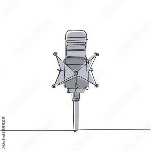 Single continuous line drawing professional studio microphone. Sound recording equipment concept. Condenser mic for studio recording voice. Dynamic one line draw graphic design vector illustration