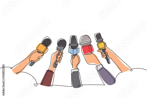 Single one line drawing interview concept with microphones on white background. Newsmakers and interviewers. Different tv signs. Hands holding devices. Continuous line draw design graphic vector