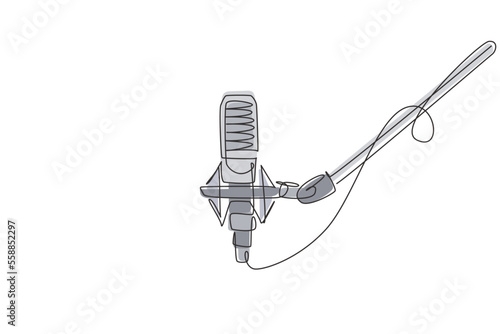 Continuous one line drawing microphone isolated with clipping path. Condenser mic for studio recording voice. Sound recording equipment concept. Single line draw design vector graphic illustration