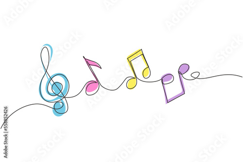 Continuous one line drawing abstract music note background, notes vector illustration. Outline sketch of sound. Scribble hand drawn doodle sketch minimalism style. Single line draw design graphic