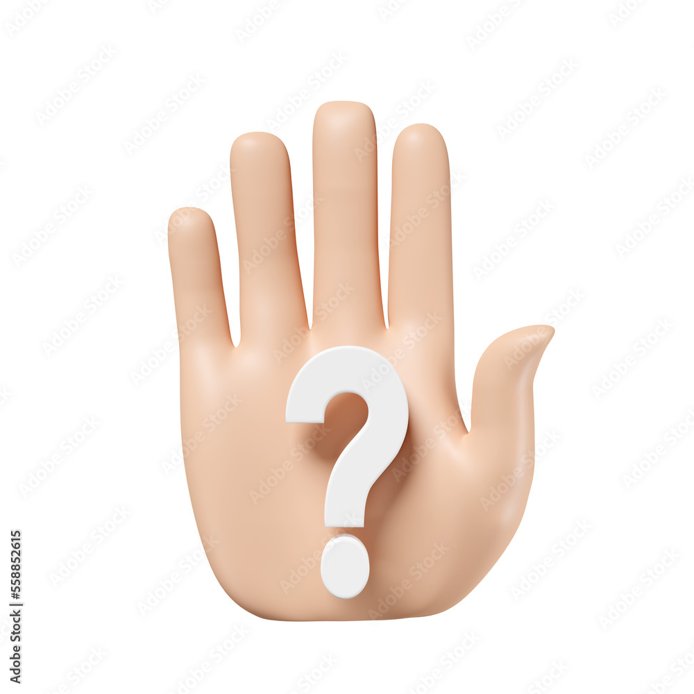 3d hand stop symbol with white question mark isolated. FAQ, stop questioning concept, 3d render illustration