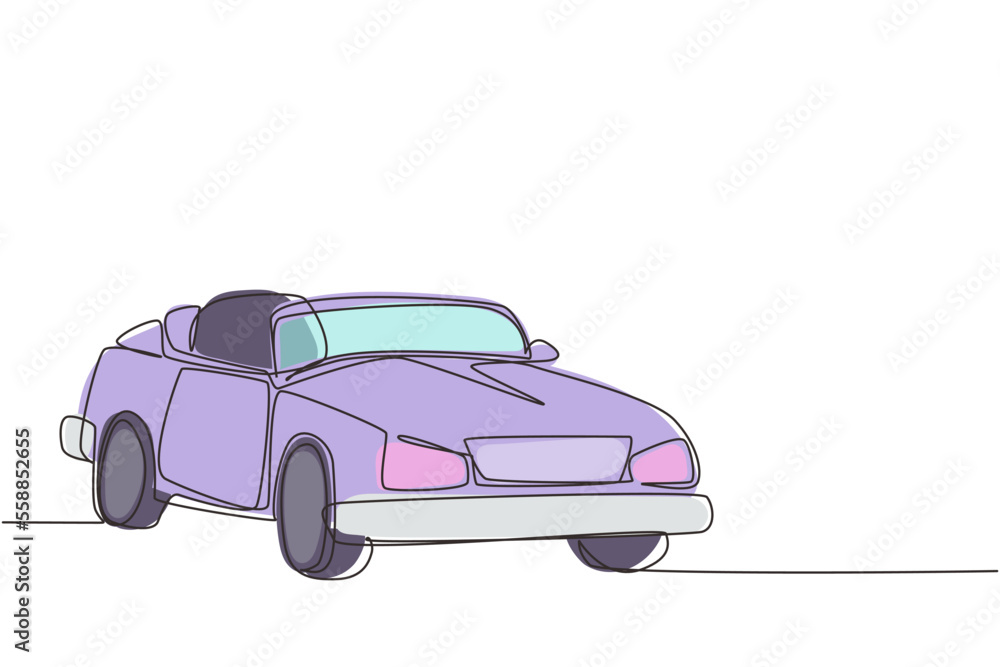 Single continuous line drawing classic retro convertible sports car. Collectors business comfortable cabrio automobile supercar. Vintage motor vehicle concept. One line draw graphic design vector