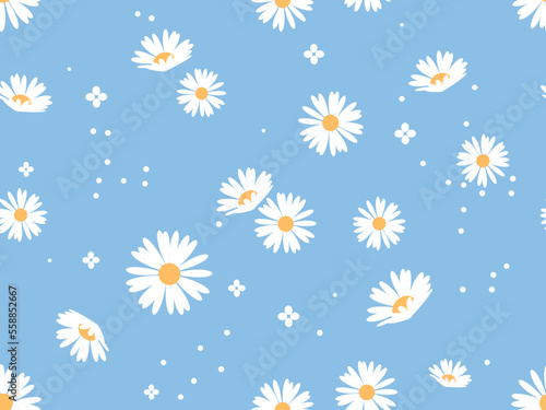 Seamless pattern with daisy flower and dots on blue background vector illustration. Cute floral print.