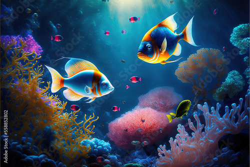 beautiful colorful fish with colorful corals in the underwater world. Generative AI