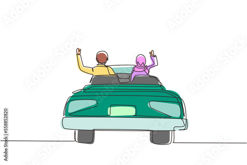 Single continuous line drawing back view Arabian happy free couple driving in cabriolet car in city cheering joyful with arms raised. Couple summer vacation travel. One line draw graphic design vector