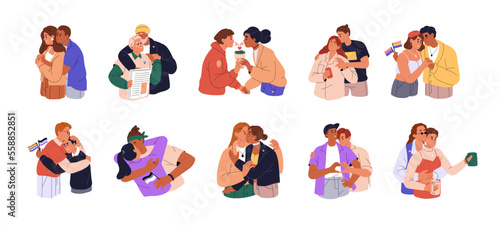 Happy couples in romantic relationship. Diverse men, women valentines. Diversity of love concept. Different lovers, homosexual and heterosexual. Flat vector illustrations isolated on white background