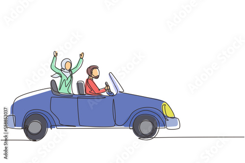 Continuous one line drawing newly married Arabian couple groom in vehicle. Happy man and woman riding wedding car. Married couple romantic relationship. Single line design vector graphic illustration