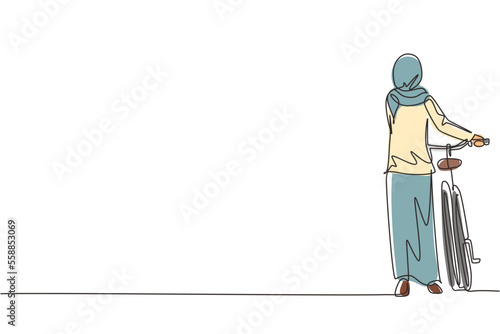 Continuous one line drawing back view walking Arabian lady with bicycles. Happy girl take walk with bicycle at rural road. Healthy lifestyle of village people. Single line draw design vector graphic