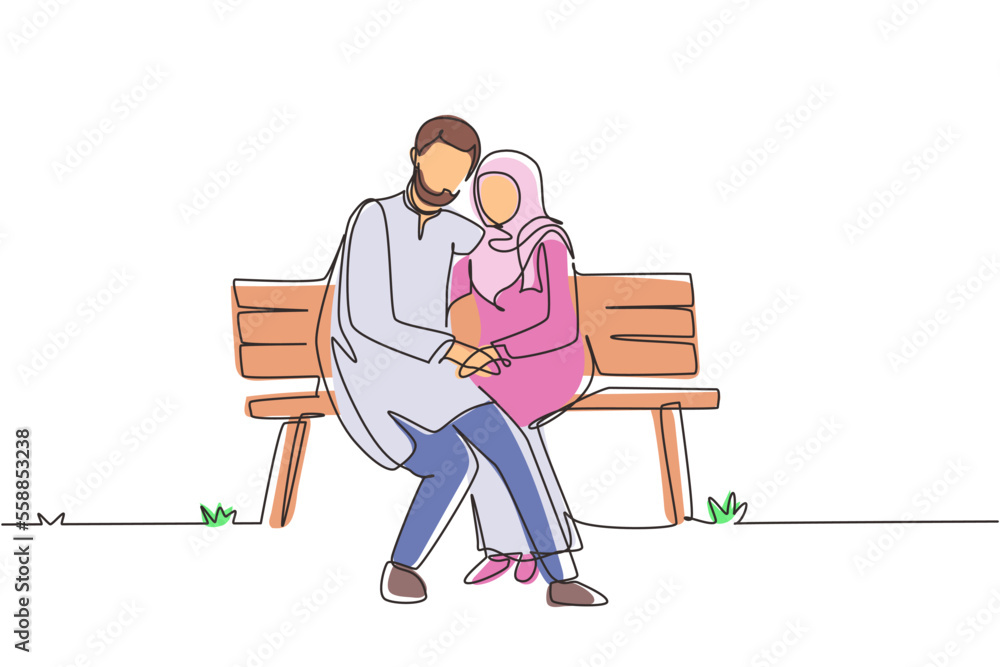 Single continuous line drawing romantic Arab couple. Woman man sitting on bench in city park. Happy family concept. Intimacy celebrates wedding anniversary. Dynamic one line draw graphic design vector