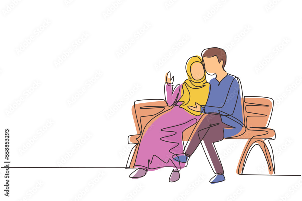 Single continuous line drawing romantic Arabic couple on bench in park. Happy man hugging and embracing woman. Couple dating celebrate wedding anniversary. One line graphic design vector illustration