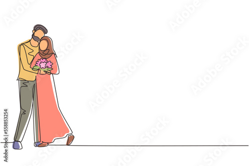 Single one line drawing Arab man gives flowers to woman and hug her. Young man giving to woman bouquet of flowers for propose. Happy romantic couple in love. Continuous line draw design graphic vector