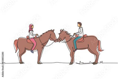 Single one line drawing romantic Arab couple in love riding horse. Young man and woman meet for dating with ride horse. Engagement and love relation. Modern continuous line draw design graphic vector