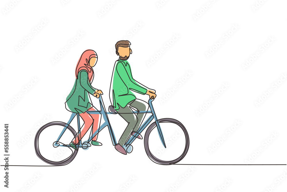 Continuous one line drawing romantic Arabic couple. Couple is riding tandem bicycle together. Happy family. Intimacy celebrates wedding anniversary. Single line draw design vector graphic illustration Continuous one line drawing romantic Arabic couple. Couple is riding tandem bicycle together. Happy family. Intimacy celebrates wedding anniversary. Single line draw design vector graphic illustration