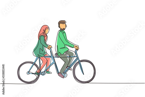 Fototapeta Naklejka Na Ścianę i Meble -  Continuous one line drawing romantic Arabic couple. Couple is riding tandem bicycle together. Happy family. Intimacy celebrates wedding anniversary. Single line draw design vector graphic illustration