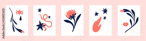 Modern interior posters set. Mystic floral wall art with flowers, stars, plants, eye in contemporary minimalistic style. Abstract pictures, artworks for home decoration. Flat vector illustrations