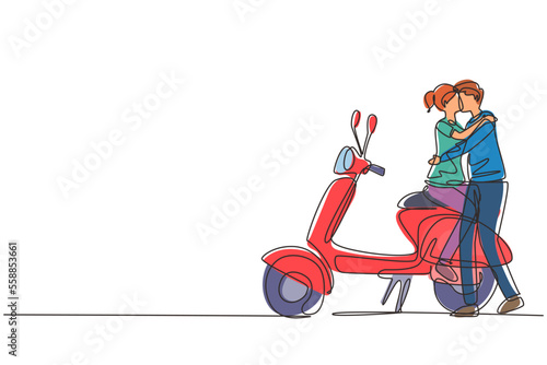 Single continuous line drawing scooter, travel, couple, adventure, ride concept. Family couple travel by scooter. Happy man and woman ride motorcycle. One line draw graphic design vector illustration