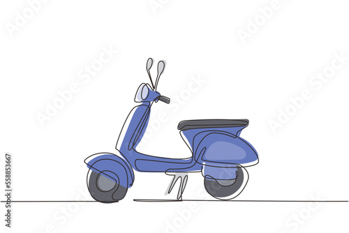 Continuous one line drawing Scooter transport icon. Modern scooters motorcycle for urban citizen. Cute stylish vintage retro scooter for delivery. Single line draw design vector graphic illustration