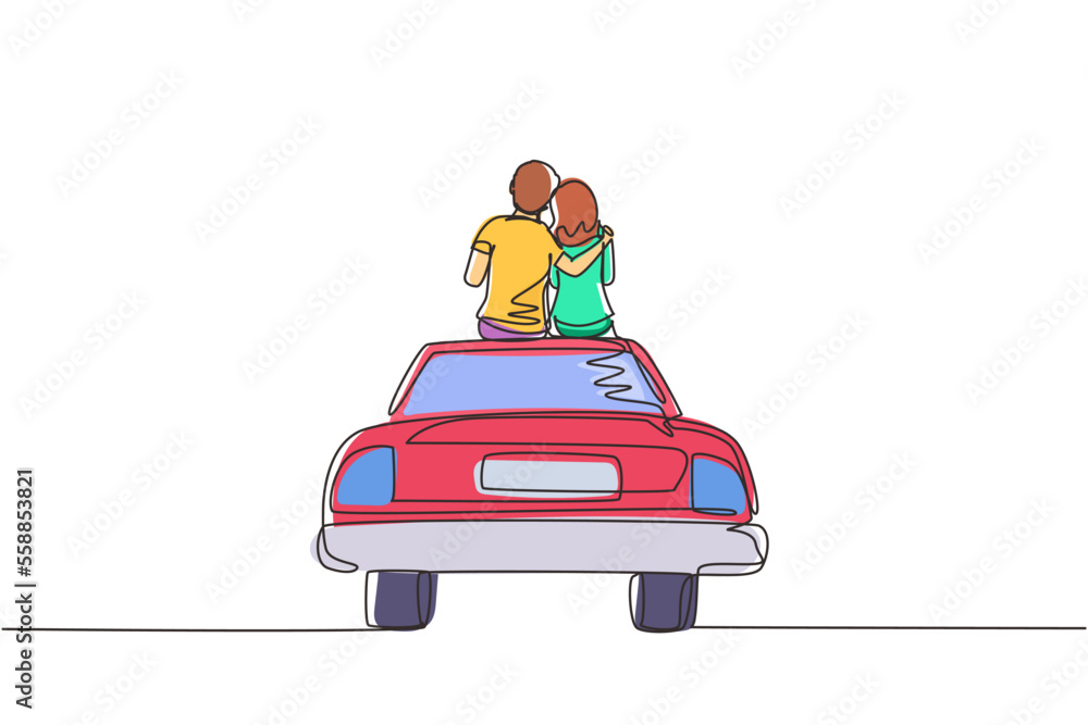 Fototapeta premium Single one line drawing loving couple sitting on the vintage car. Happy couple getting ready for wedding. Engagement and love relations. Modern continuous line draw design graphic vector illustration