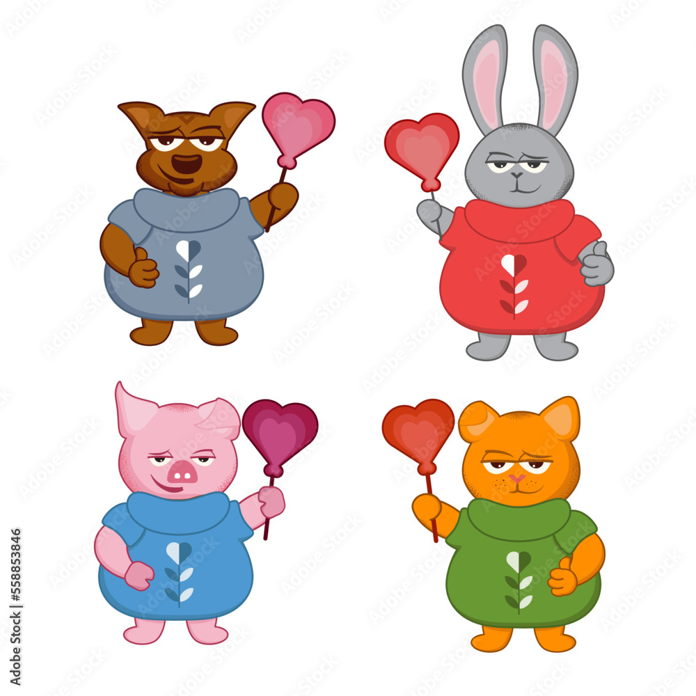 set with characters for valentine's day with a heart in his hand, the character of a dog, a hare, a pig, a cat shows class on an advertising banner, poster set with characters for valentine's day with a heart in his hand, the character of a dog, a hare, a pig, a cat shows class on an advertising banner, poster