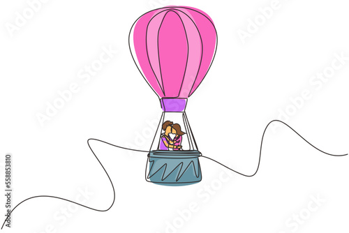 Single one line drawing funny illustration of love kissing couple in hot-air balloon in sky and clouds, amorous relationship. Romantic road trip, journey. Modern continuous line draw design graphic