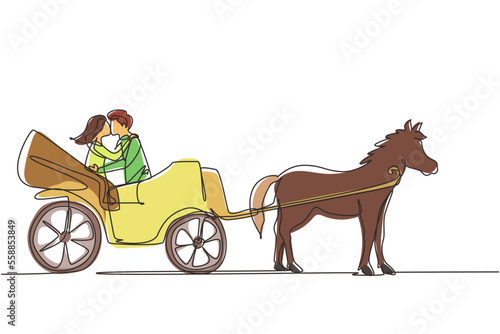 Single one line drawing wedding couple trying kiss each other. Just married. Happiness bride and groom sitting in carriage pulled by horse. Continuous line draw design graphic vector illustration