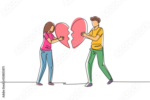 Single one line drawing heartbroken couple parting, divorce. Sad young man and woman trying to put together parts of broken heart. Modern continuous line draw design graphic vector illustration