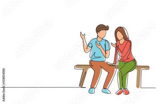 Single one line drawing romantic couple talking while sitting on bench. Happy couple getting ready for wedding. Engagement and love relation. Continuous line draw design graphic vector illustration