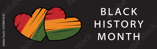 Black History Month long horizontal banner with Heart symbol with hand drawn stroke, 3 stripes colors of African flag, simpe text logo. African heritage celebration vector template design photo