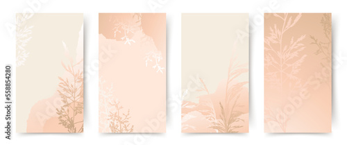 Beautiful universal backgrounds with floral element. Elegant pastel neutral templates. Vector illustration for card, banner, invitation, social media post, poster, mobile apps, advertising