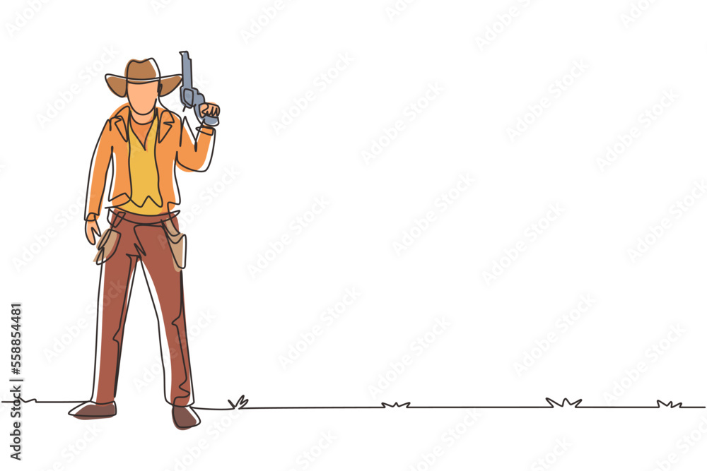 Single continuous line drawing smart cowboy with hat holding his gun. American gunslinger style holding gun concept. Weapons for self-defense. Dynamic one line draw graphic design vector illustration