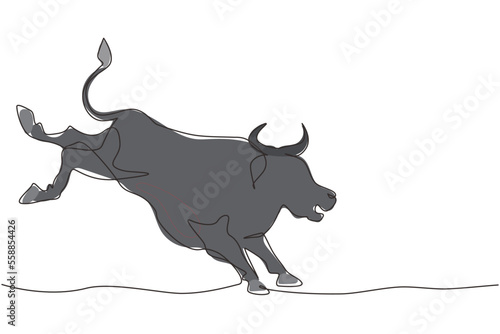 Single one line drawing rampage bull kick back at rodeo arena. Strong bull rodeo with hind legs raised or kicking mighty. Angry rodeo bull show. Continuous line draw design graphic vector illustration