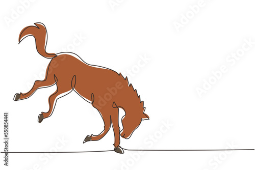 Single one line drawing wild horse jumps over an obstacle. Strong character. Equestrian jumping training. Horse racing symbol, equestrian sport badge. Modern continuous line draw design graphic vector