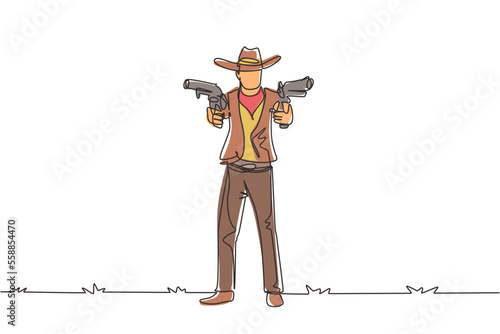 Continuous one line drawing wild west gunslinger holding two guns. American cowboys aiming two pistols in the desert. Weapons for self-defense. Single line draw design vector graphic illustration