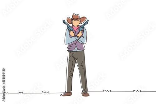 Single one line drawing wild west gunslinger holding two guns. American cowboys holding his two weapons above his chest. Weapons for self-defense. Modern continuous line draw design graphic vector