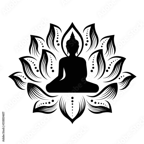 Black Buddha meditated with lotus petals around sign vector design