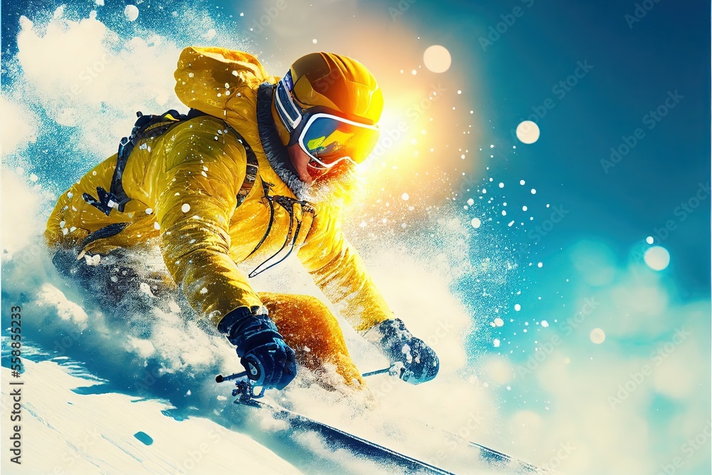 A skier is skiing in the bright sun and blue sky, Ai Generative