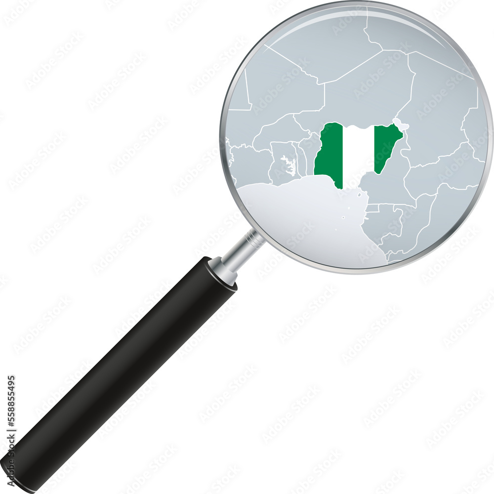 Nigeria map with flag in magnifying glass. Nigeria map with flag in magnifying glass.